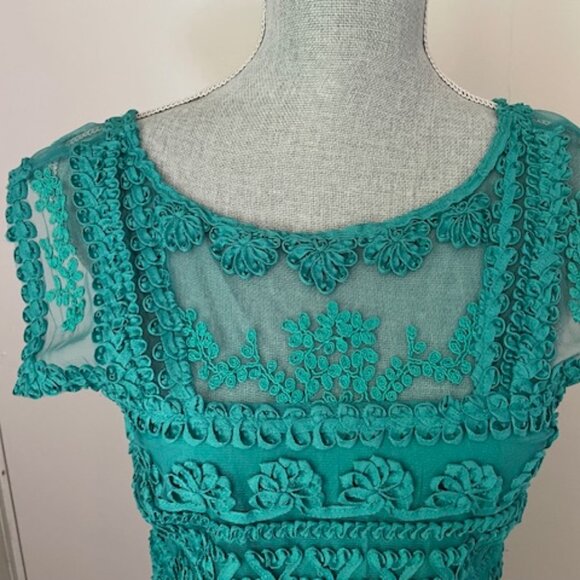 Yoana Baraschi Teal Embroidered Floral Leaf Lace 100% Silk Cocktail Dress Size 8 - Picture 5 of 7